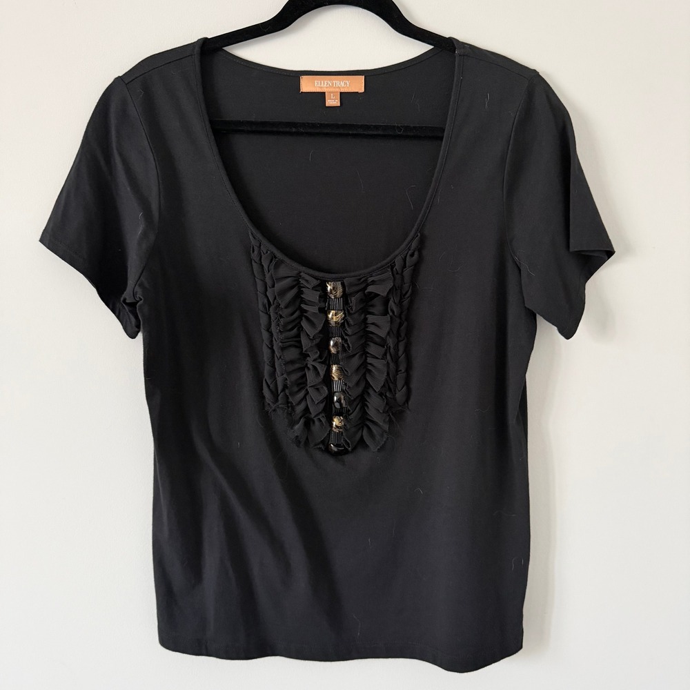 Ellen Tracy Black Ruffle Short Sleeve Top Bead Embellished Scoop Neck Size Lโ